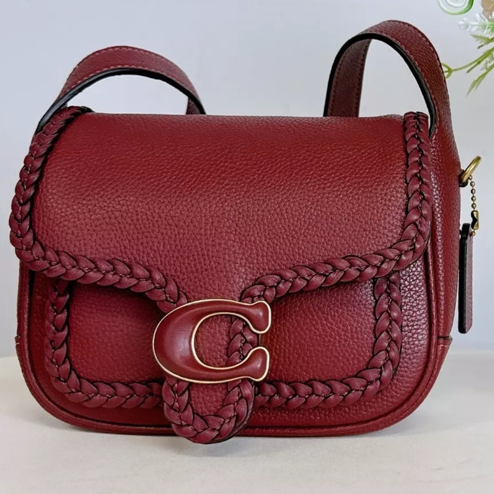 COACH Tabby Braided Trim Polished Pebble Leather Messenger 19, Wine.